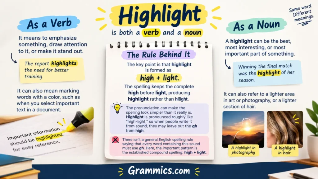 Highlight meaning, verb and noun examples, and spelling rule infographic