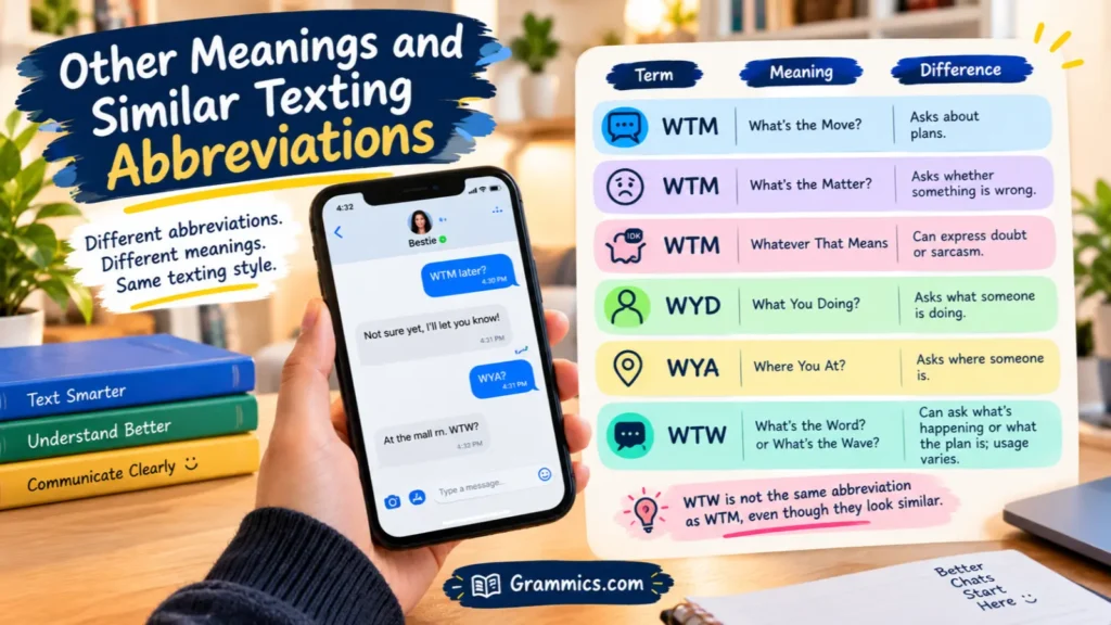 Other WTM meanings and similar texting abbreviations like WYD, WYA, and WTW