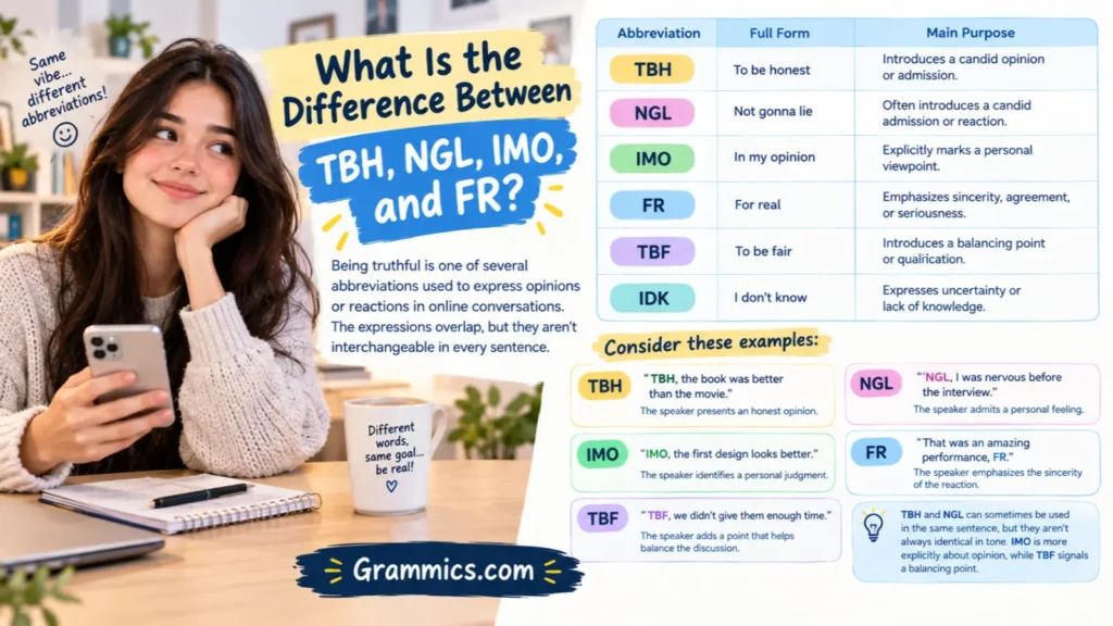TBH vs NGL vs IMO vs FR meanings and differences in texting